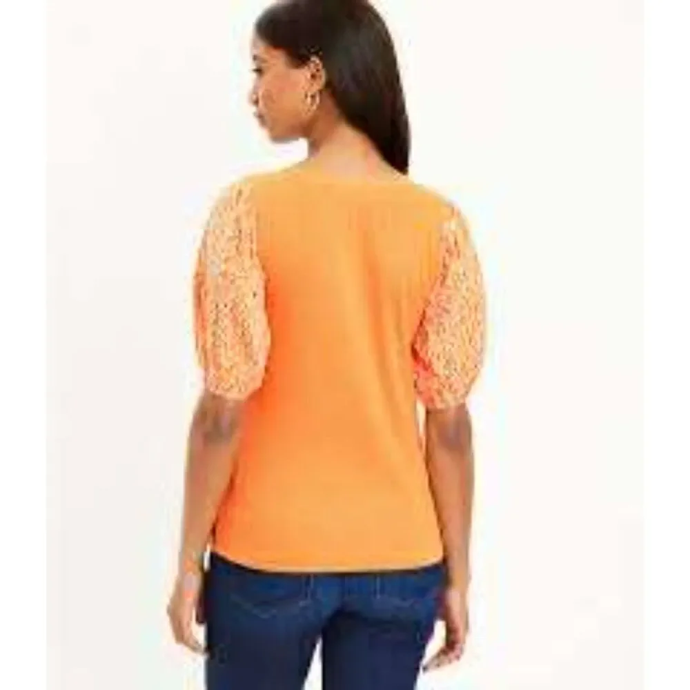 LOFT Yellow Ribbed Eyelet Puff Sleeve Blouse, Size M